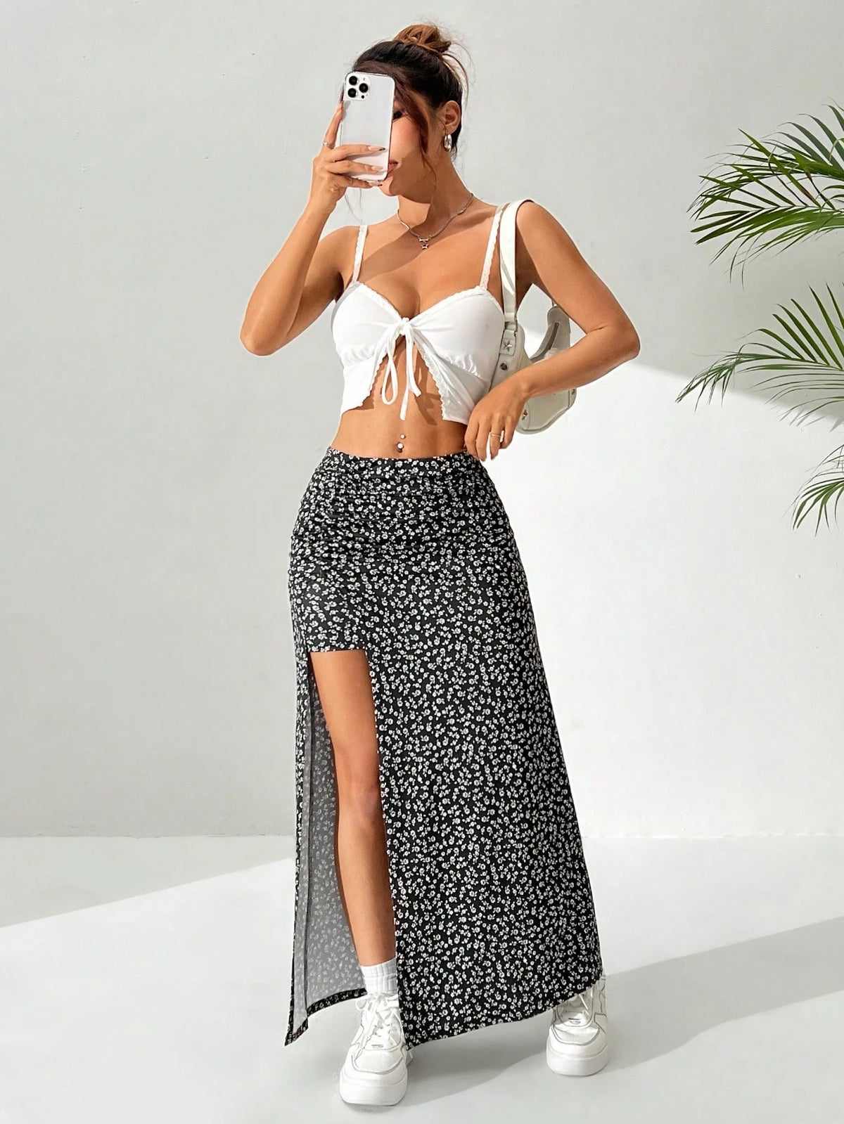 EZwear Ditsy Floral Long Split Hem Skirt