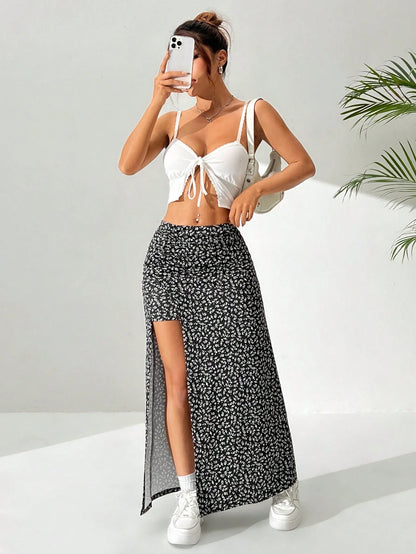 EZwear Ditsy Floral Long Split Hem Skirt