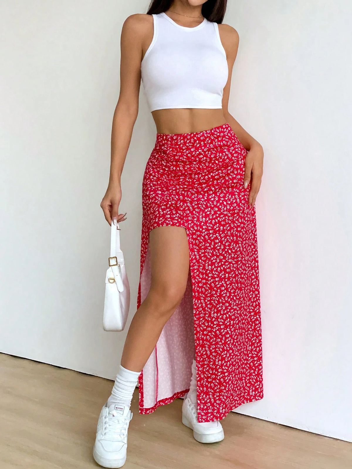 EZwear Ditsy Floral Long Split Hem Skirt