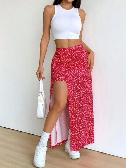 EZwear Ditsy Floral Long Split Hem Skirt