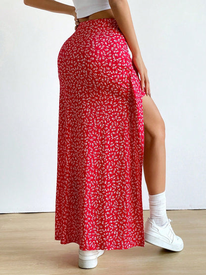 EZwear Ditsy Floral Long Split Hem Skirt