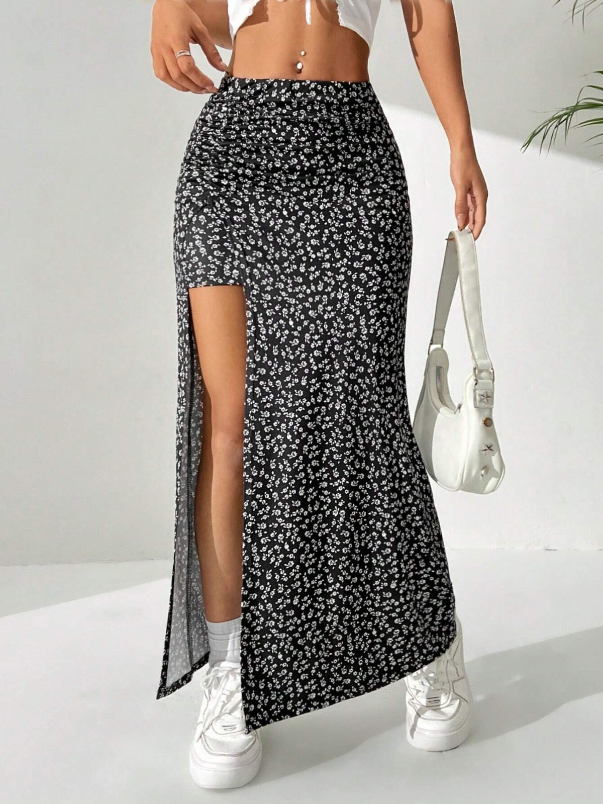 EZwear Ditsy Floral Long Split Hem Skirt