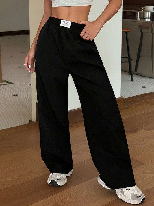 EZwear Loose And Casual Black Straight-Leg Baggy Pants With Zhanga Pattern For Spring And Summer Vacation