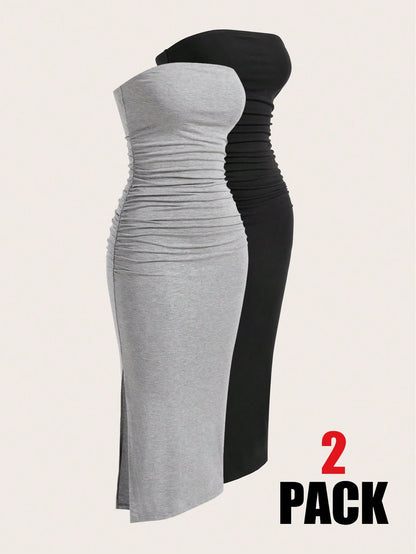 EZwear Two-Piece Set Knitted Split Strapless Dress,Summer Dresses For Women