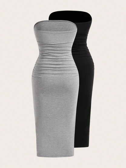 EZwear Two-Piece Set Knitted Split Strapless Dress,Summer Dresses For Women