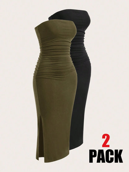 EZwear Two-Piece Set Knitted Split Strapless Dress,Summer Dresses For Women