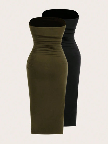 EZwear Two-Piece Set Knitted Split Strapless Dress,Summer Dresses For Women