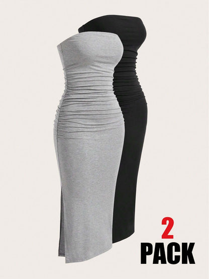 EZwear Two-Piece Set Knitted Split Strapless Dress,Summer Dresses For Women