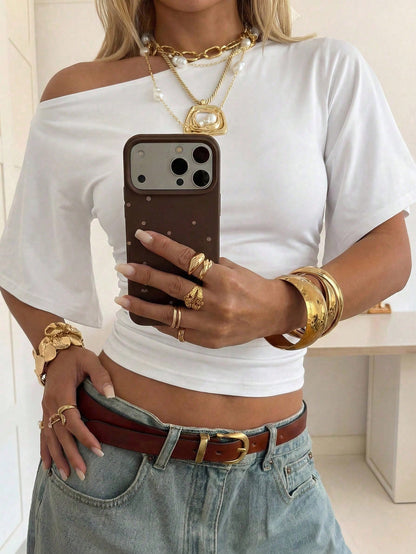 EZwear Women's All White 95% Cotton T-Shirt, Summer Casual Brunch Retro Elegant Commute Printed Top, Round Neck Cinched Waist Asymmetric Batwing Sleeve Vacation