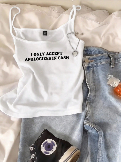 EZwear Women's Casual Sexy Slogan Print White Camisole Tank Top, Suitable For Summer Cool Clothes Cute Clothes Artsy Clothes Aesthetic Clothes