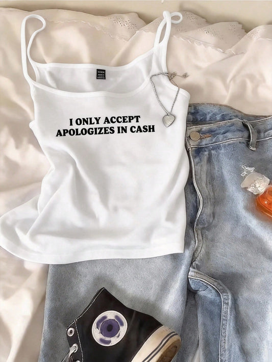 EZwear Women's Casual Sexy Slogan Print White Camisole Tank Top, Suitable For Summer Cool Clothes Cute Clothes Artsy Clothes Aesthetic Clothes