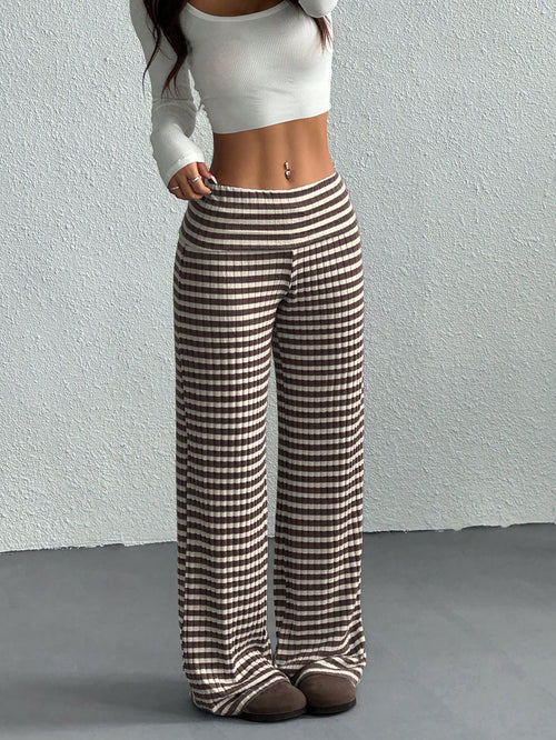EZwear Women's Casual Striped Fold-Over Waist Wide Leg Pants, Summer