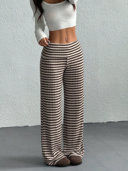 EZwear Women's Casual Striped Fold-Over Waist Wide Leg Pants, Summer