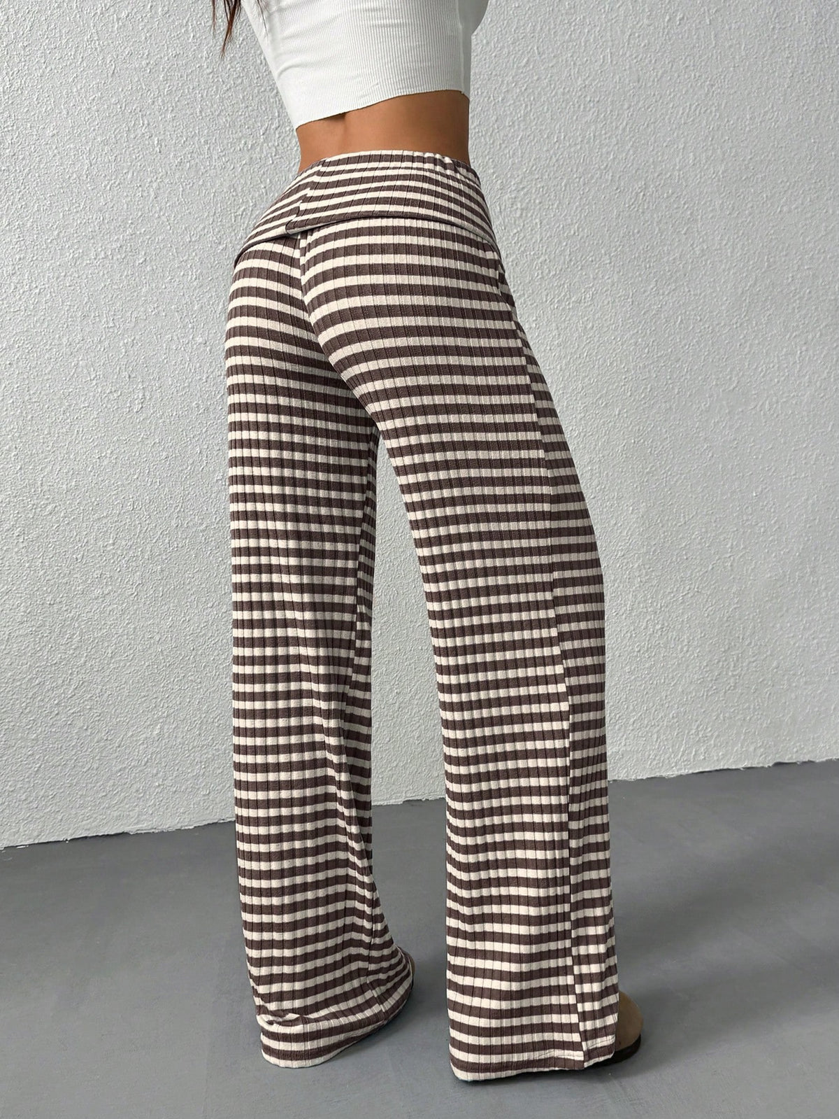 EZwear Women's Casual Striped Fold-Over Waist Wide Leg Pants, Summer