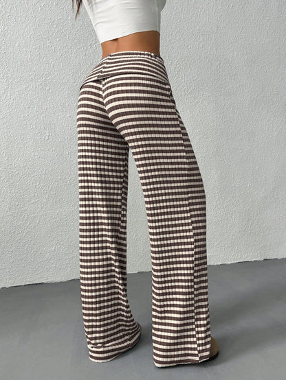 EZwear Women's Casual Striped Fold-Over Waist Wide Leg Pants, Summer