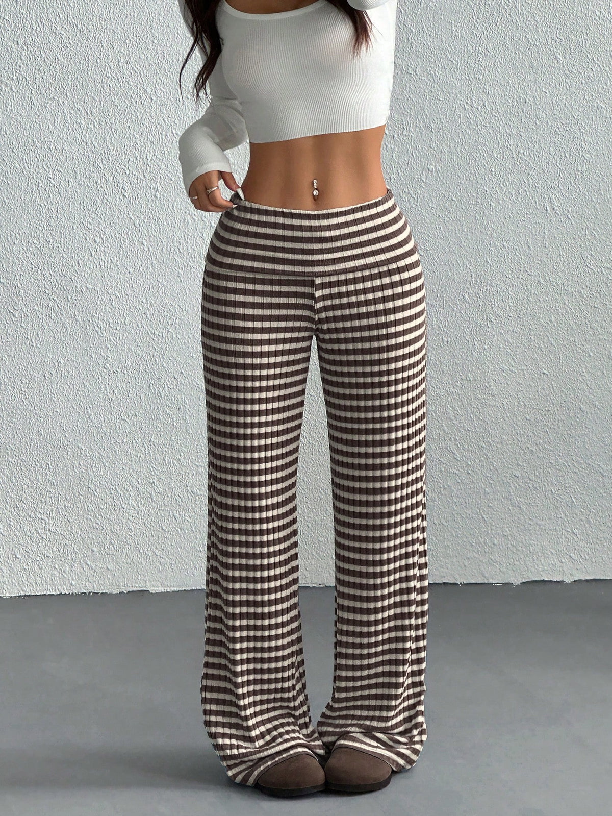 EZwear Women's Casual Striped Fold-Over Waist Wide Leg Pants, Summer