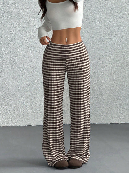 EZwear Women's Casual Striped Fold-Over Waist Wide Leg Pants, Summer