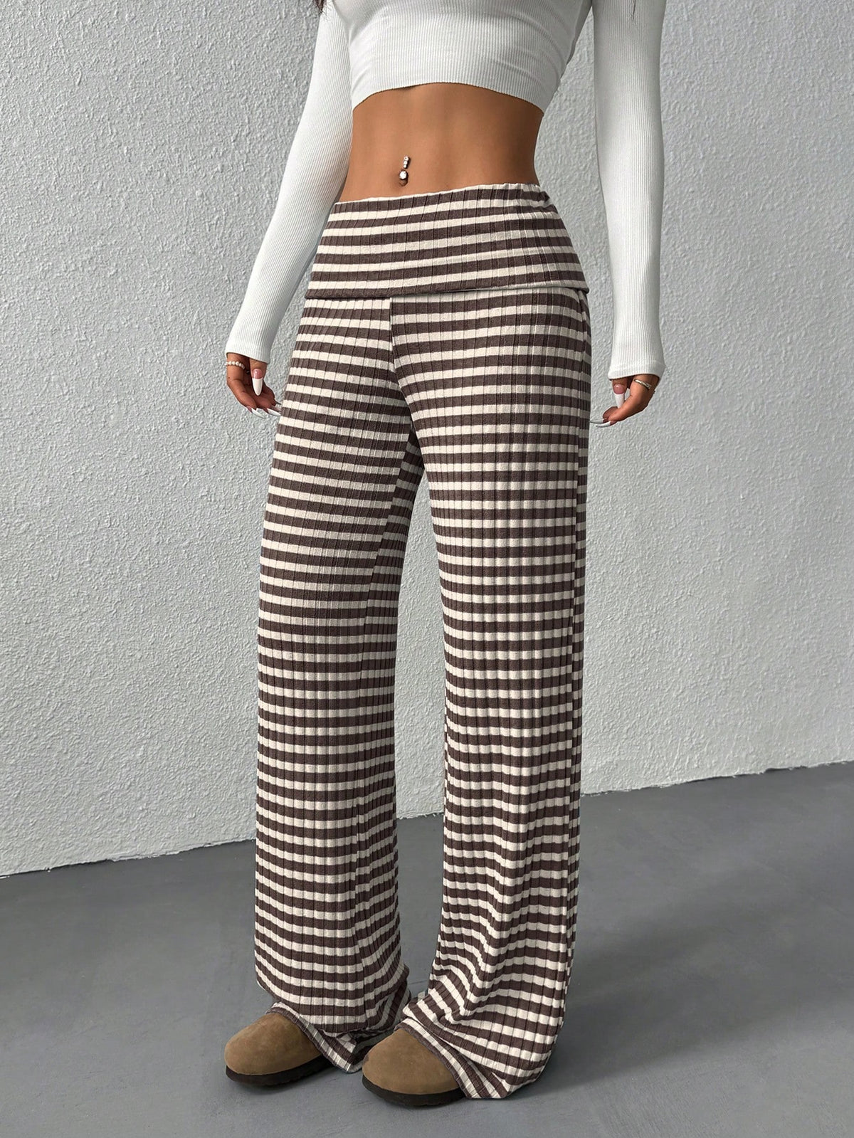 EZwear Women's Casual Striped Fold-Over Waist Wide Leg Pants, Summer
