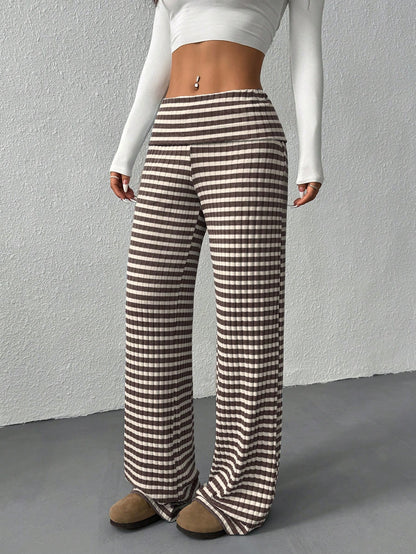EZwear Women's Casual Striped Fold-Over Waist Wide Leg Pants, Summer
