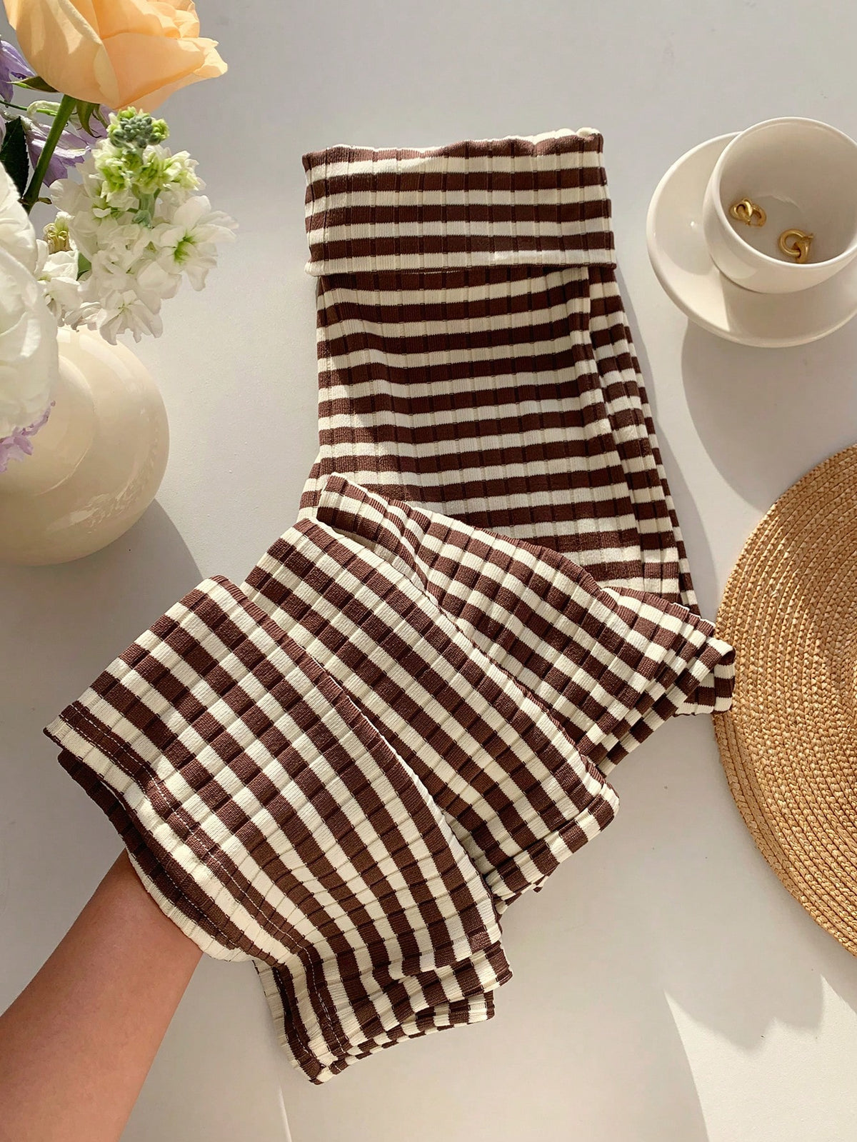 EZwear Women's Casual Striped Fold-Over Waist Wide Leg Pants, Summer