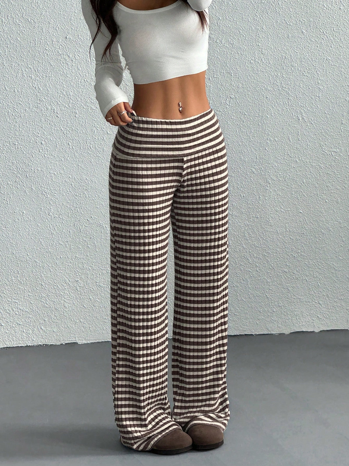 EZwear Women's Casual Striped Fold-Over Waist Wide Leg Pants, Summer