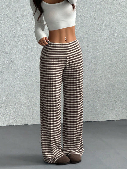EZwear Women's Casual Striped Fold-Over Waist Wide Leg Pants, Summer