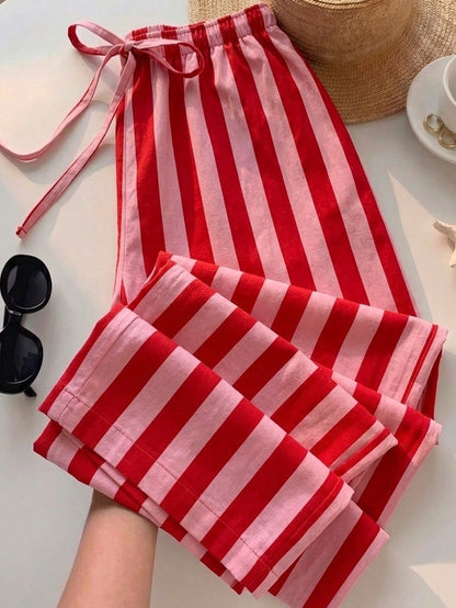 EZwear Women's Casual Tie Waist Straight Leg Long Pants Suitable For Summer