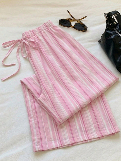 EZwear Women's Casual Waist Tie Straight Leg Pants, Suitable For Summer, Pink Striped Trousers, Women's Summer Clothing