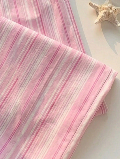 EZwear Women's Casual Waist Tie Straight Leg Pants, Suitable For Summer, Pink Striped Trousers, Women's Summer Clothing