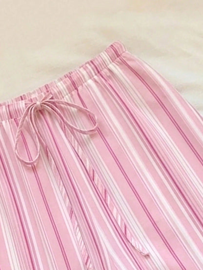 EZwear Women's Casual Waist Tie Straight Leg Pants, Suitable For Summer, Pink Striped Trousers, Women's Summer Clothing