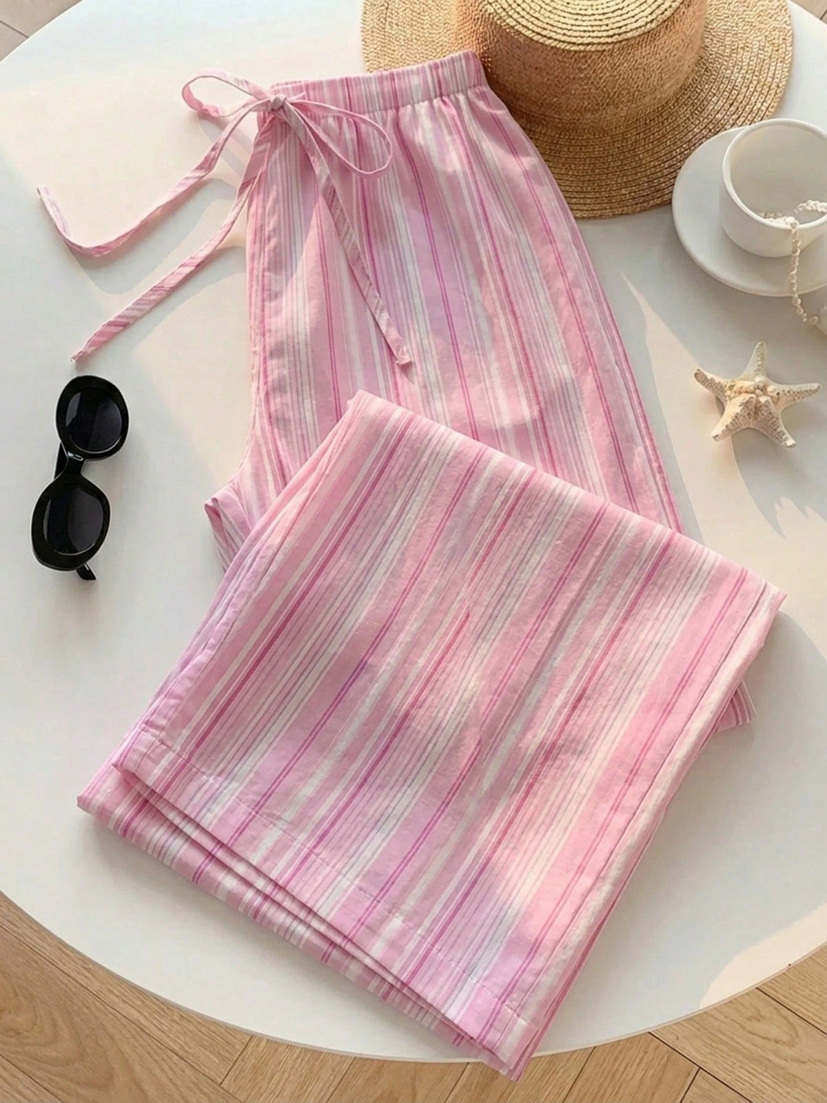 EZwear Women's Casual Waist Tie Straight Leg Pants, Suitable For Summer, Pink Striped Trousers, Women's Summer Clothing