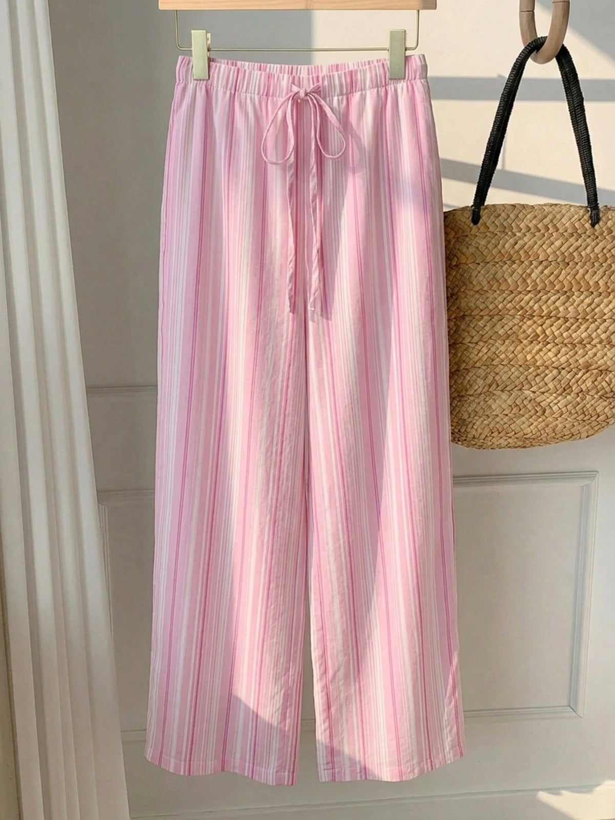 EZwear Women's Casual Waist Tie Straight Leg Pants, Suitable For Summer, Pink Striped Trousers, Women's Summer Clothing