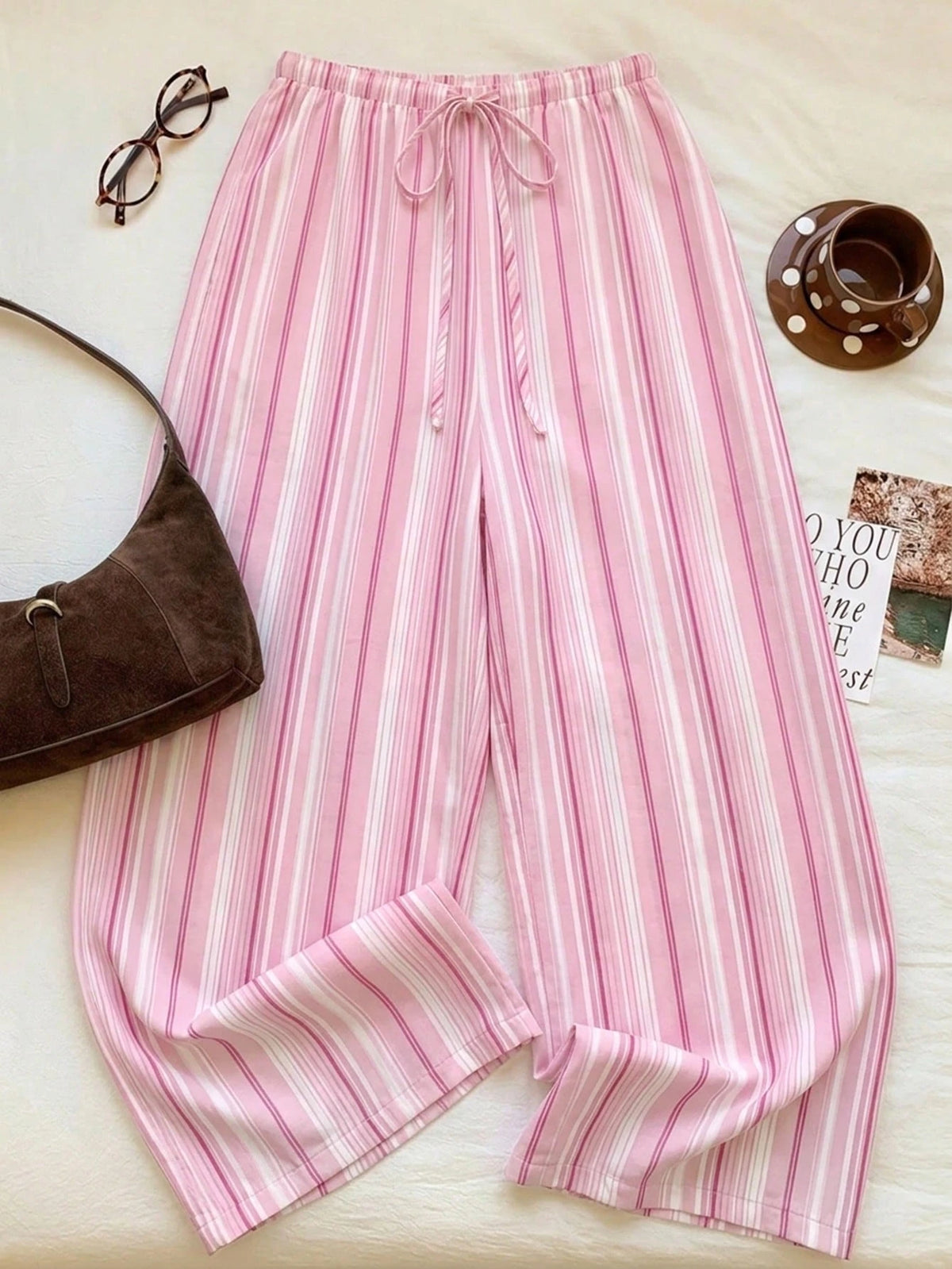 EZwear Women's Casual Waist Tie Straight Leg Pants, Suitable For Summer, Pink Striped Trousers, Women's Summer Clothing