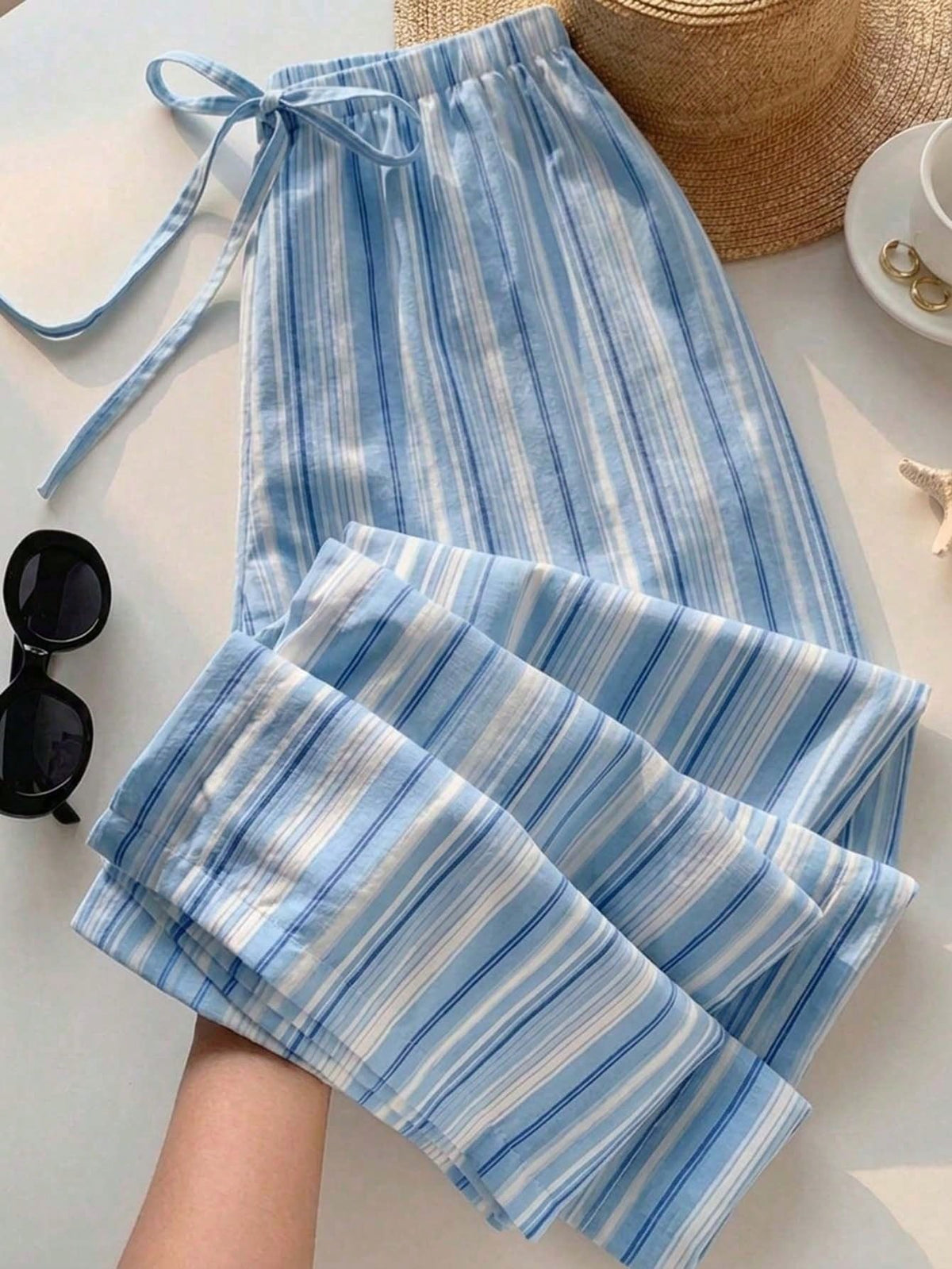 EZwear Women's Casual Waist Tie Straight Leg Pants, Suitable For Summer, Pink Striped Trousers, Women's Summer Clothing