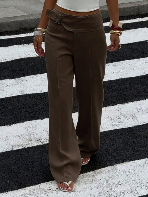 EZwear Women's Coffee Brown Metal Buttonhole Casual Versatile Wide-Leg Pants, Autumn Women's Clothing,Fall,Fall Clothes For Women