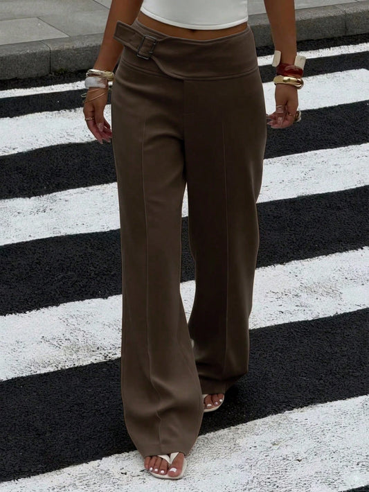 EZwear Women's Coffee Brown Metal Buttonhole Casual Versatile Wide-Leg Pants, Autumn Women's Clothing,Fall,Fall Clothes For Women