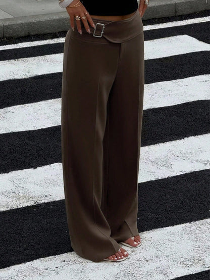 EZwear Women's Coffee Brown Metal Buttonhole Casual Versatile Wide-Leg Pants, Autumn Women's Clothing,Fall,Fall Clothes For Women
