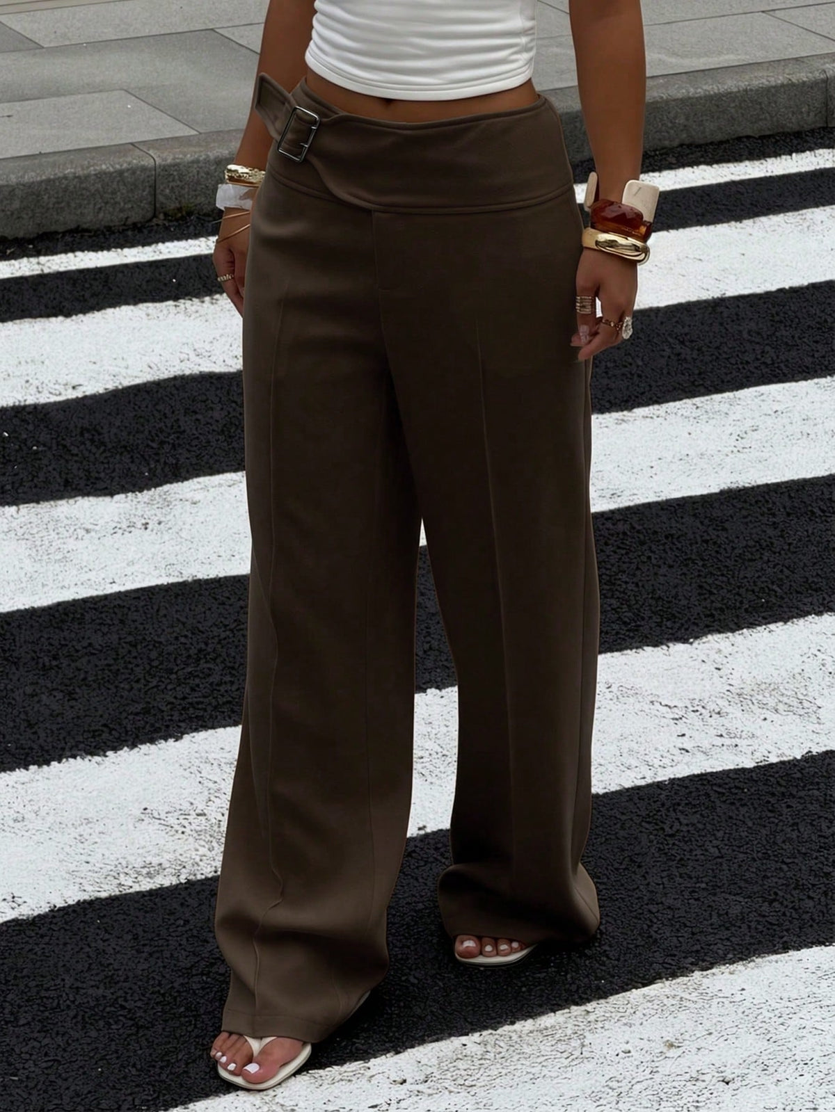 EZwear Women's Coffee Brown Metal Buttonhole Casual Versatile Wide-Leg Pants, Autumn Women's Clothing,Fall,Fall Clothes For Women