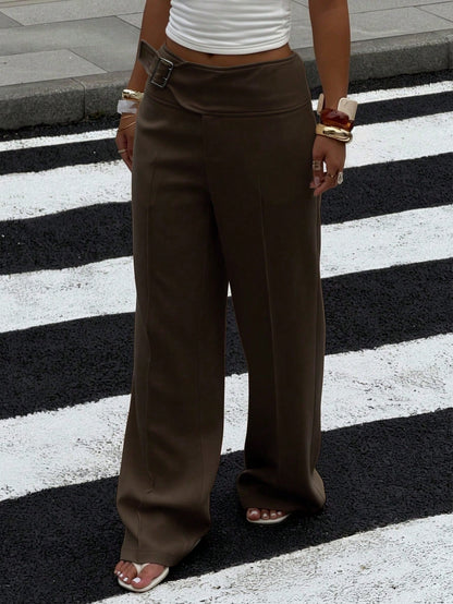 EZwear Women's Coffee Brown Metal Buttonhole Casual Versatile Wide-Leg Pants, Autumn Women's Clothing,Fall,Fall Clothes For Women
