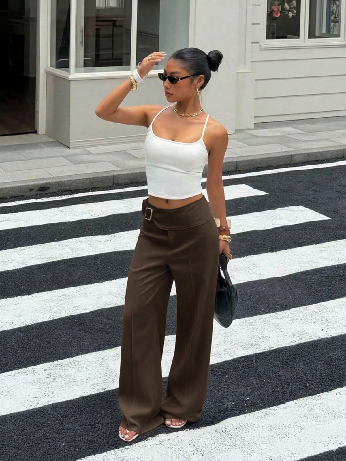 EZwear Women's Coffee Brown Metal Buttonhole Casual Versatile Wide-Leg Pants, Autumn Women's Clothing,Fall,Fall Clothes For Women