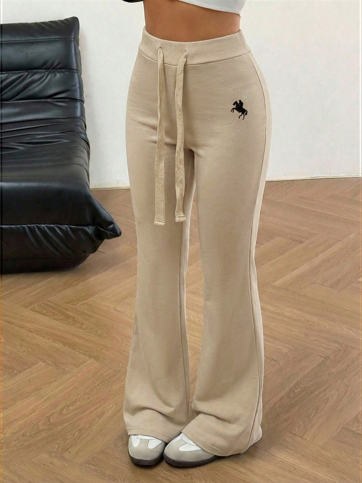 EZwear Women's Knitted Embroidered Flare Pants, Apricot Color, Summer Sweat Wide Leg Sweatpants Comfy Lounge Drawstring Lace Up Beige Women