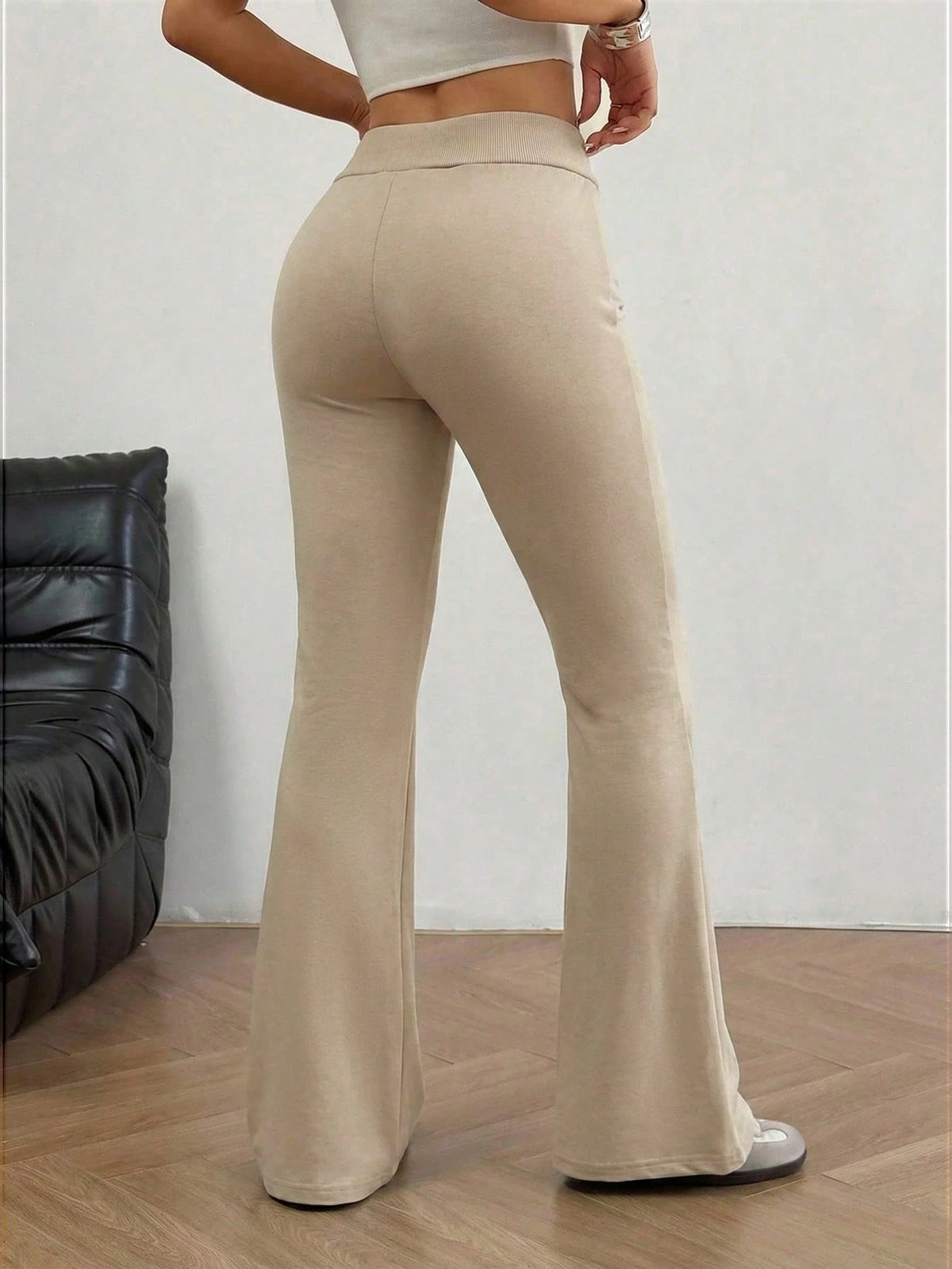 EZwear Women's Knitted Embroidered Flare Pants, Apricot Color, Summer Sweat Wide Leg Sweatpants Comfy Lounge Drawstring Lace Up Beige Women