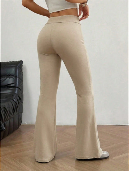 EZwear Women's Knitted Embroidered Flare Pants, Apricot Color, Summer Sweat Wide Leg Sweatpants Comfy Lounge Drawstring Lace Up Beige Women