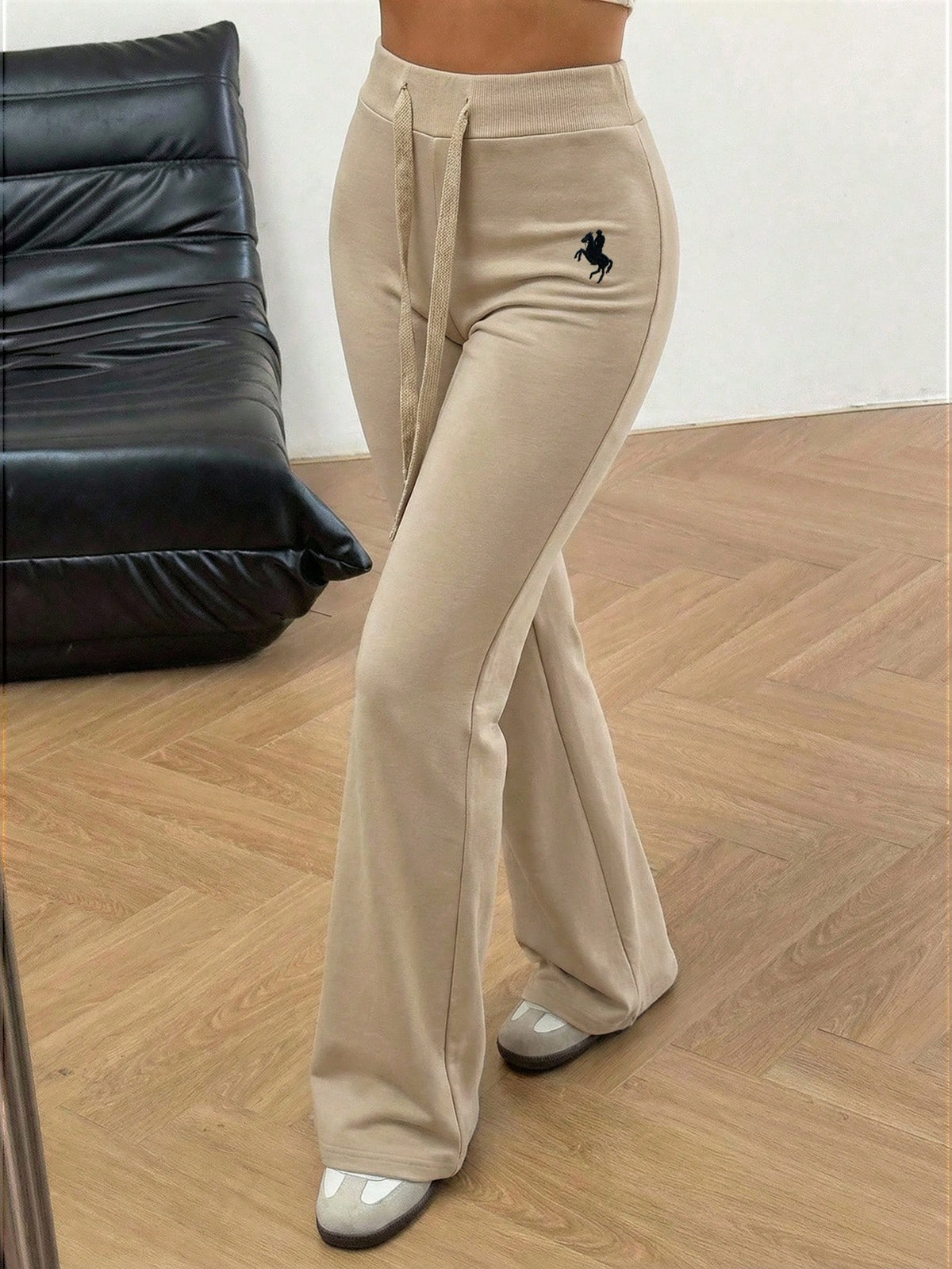 EZwear Women's Knitted Embroidered Flare Pants, Apricot Color, Summer Sweat Wide Leg Sweatpants Comfy Lounge Drawstring Lace Up Beige Women