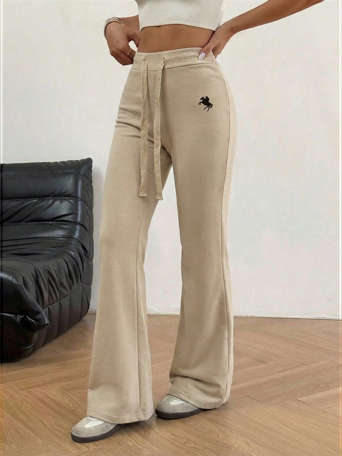 EZwear Women's Knitted Embroidered Flare Pants, Apricot Color, Summer Sweat Wide Leg Sweatpants Comfy Lounge Drawstring Lace Up Beige Women