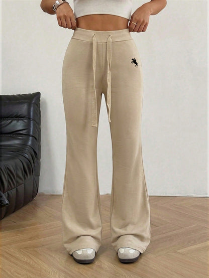 EZwear Women's Knitted Embroidered Flare Pants, Apricot Color, Summer Sweat Wide Leg Sweatpants Comfy Lounge Drawstring Lace Up Beige Women
