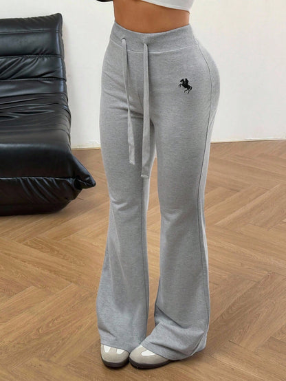 EZwear Women's Knitted Embroidered Flare Pants, Apricot Color, Summer Sweat Wide Leg Sweatpants Comfy Lounge Drawstring Lace Up Beige Women