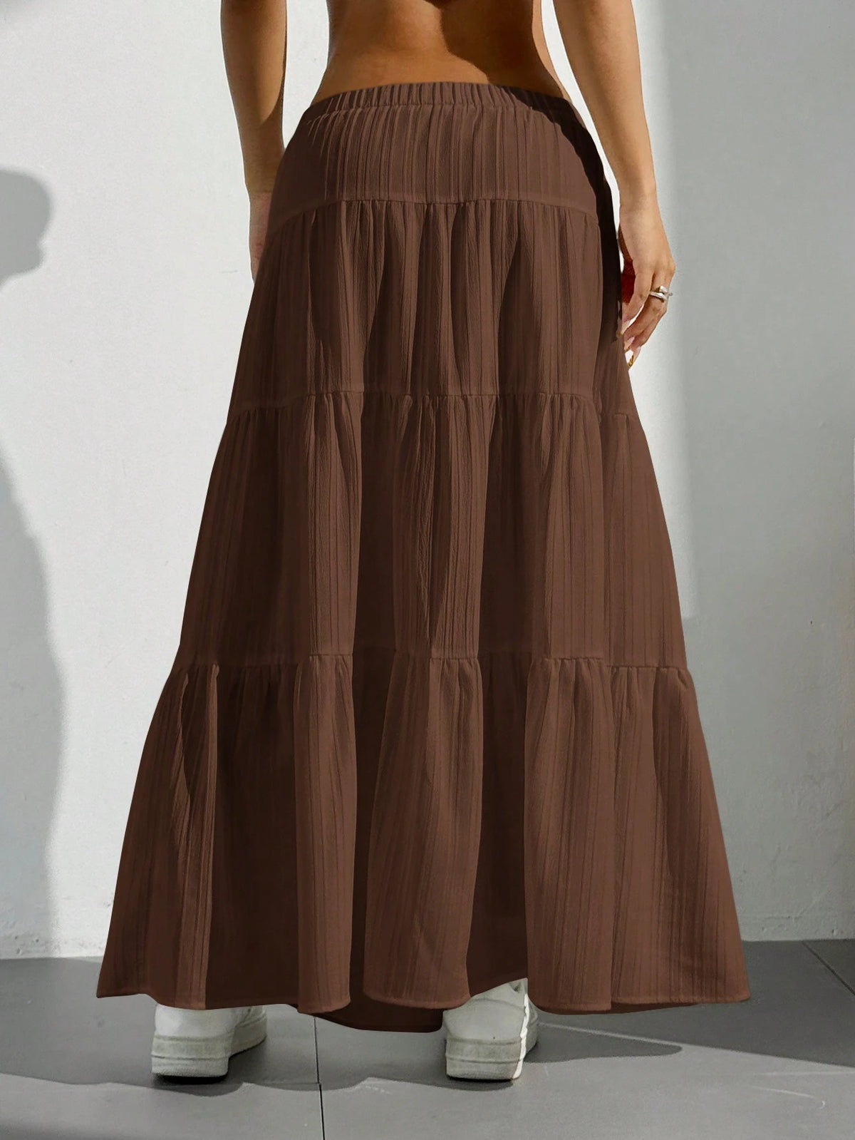 EZwear Women's Solid Color Elastic Waist Tie Casual Long A-Line Flared Skirt