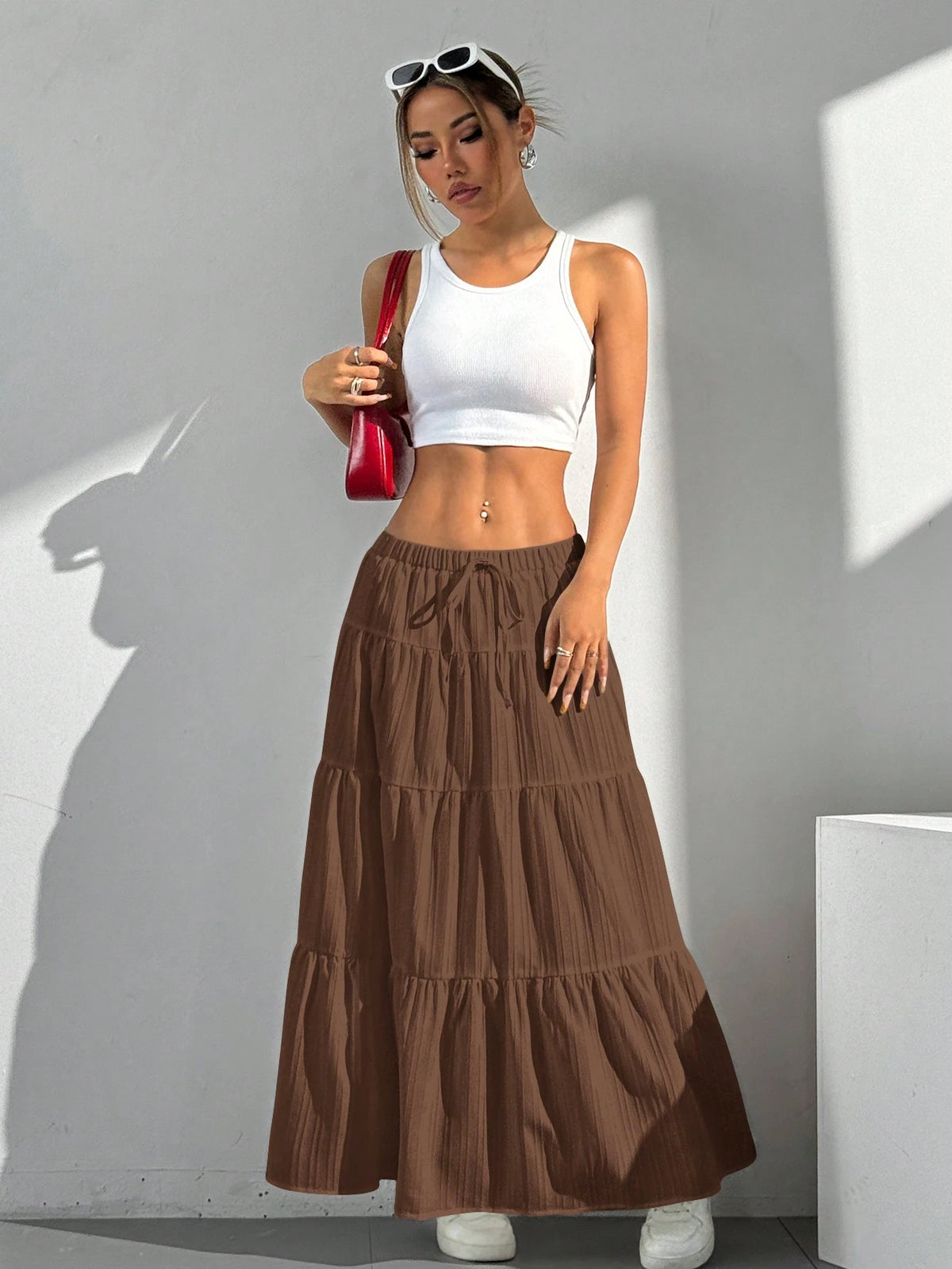 EZwear Women's Solid Color Elastic Waist Tie Casual Long A-Line Flared Skirt