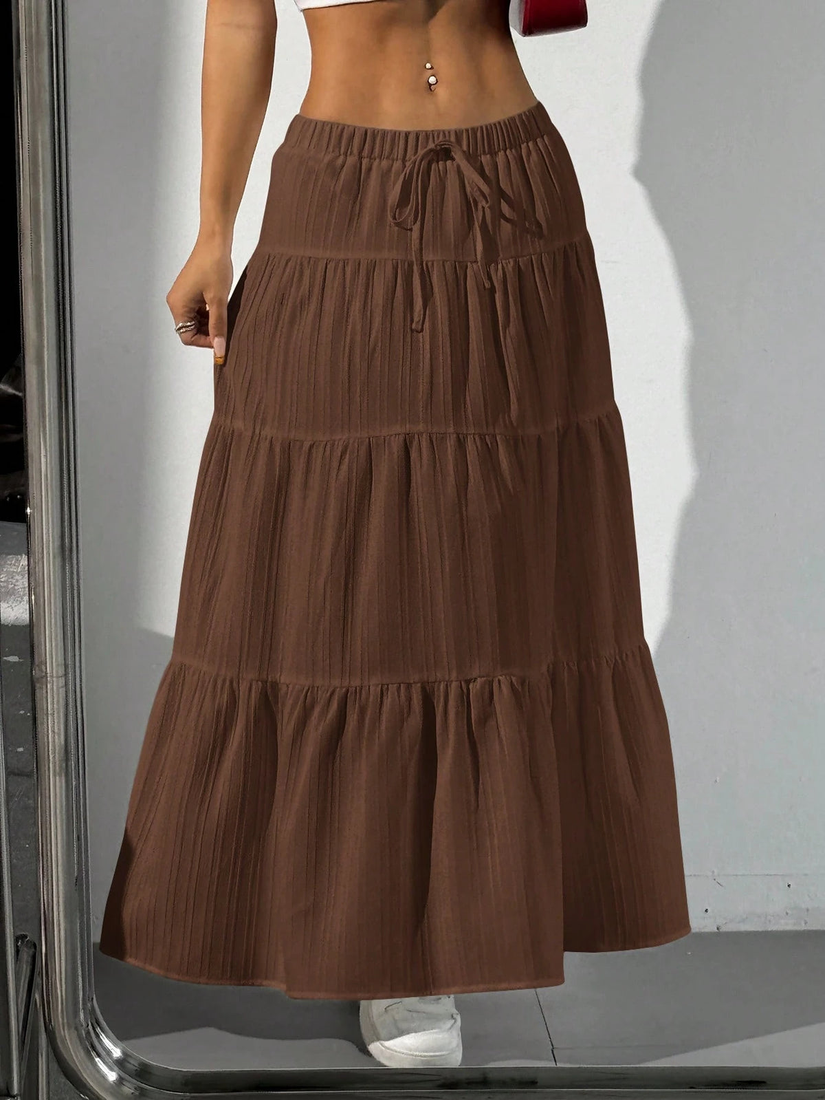 EZwear Women's Solid Color Elastic Waist Tie Casual Long A-Line Flared Skirt